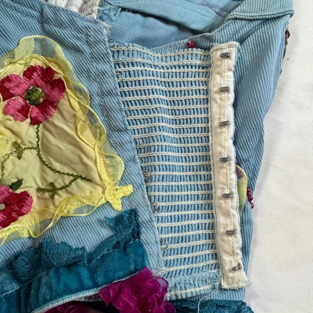 Handmade Boho Corset Halter Top Blue Corduroy Lace Floral Embellished Whimsigoth - Picture 6 of 8